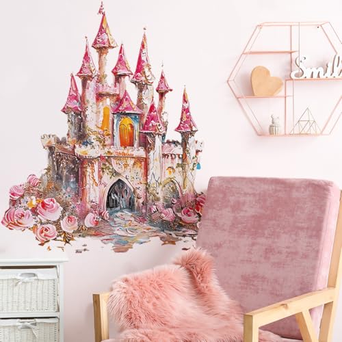 Runtoo Autocollant mural motif château de princesse - Rose - Pour chambre de fille, chambre de bébé, chambre d'enfant
