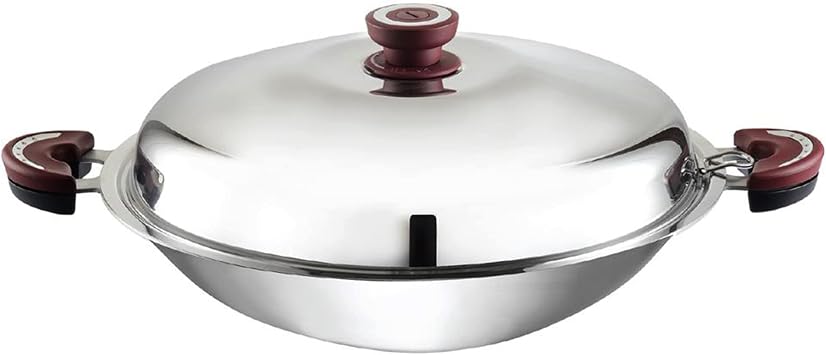 BUFFALO Stainless Steel Wok Pan with Lid Round Bottom 15 inch (38cm) - Stir Frying Pan Tri-Ply Nonstick Cookware - Double Handle Cooking Pot for Induction/Electric/Gas Stoves