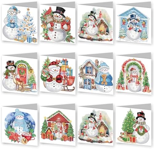 12 PCS Diamond Art Christmas Cards - Christmas Diamond Art Kits with Envelopes and Stickers, Diamond Art Greeting Cards Snowman Holiday Craft DIY Card Making Kits for Adults Family Friend Gifts