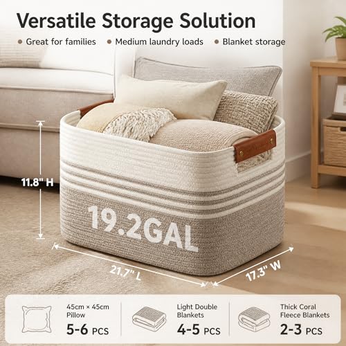 Image of Cotton Rope Laundry Basket Large, 19.2GAL Collapsible Woven Storage Baskets for Living Room Kids Toys Stuffed Animal,Boho Rectangular Decorative Short Hamper for Dirty Clothes, Blankets White Brown