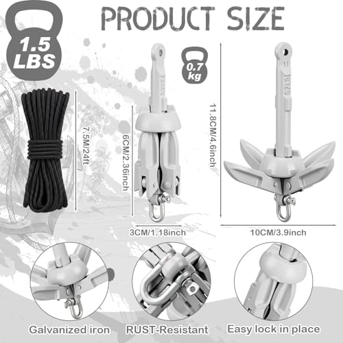 Image of MorningRo 1 Pack 1.5 /3.5 lb Marine Kayak Anchor Kit with 40ft Rope and Buoy Folding Grapnel Boat Anchor Kit Kayak Fishing Accessories for Small Boats, Canoe, SUP Paddle Boards
