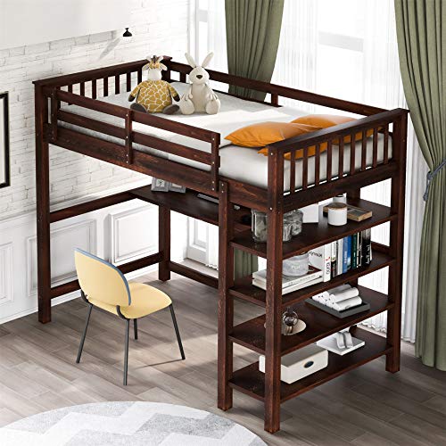 Image of Harper & Bright Designs Twin Loft Bed with Desk and Storage Shelves, Wood Loft Bed with Ladder, for Kids, Teens, Adults (Espresso)