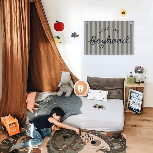 Image of Boys Room Decor, Long Live Boyhood Linen Banner Hanging Flag, Vintage Stripes Banner Nursery Playroom Kids Bedroom Dorm Toddler Decorations Trendy Room Decor, Gifts for Teens 30x20 boyroom