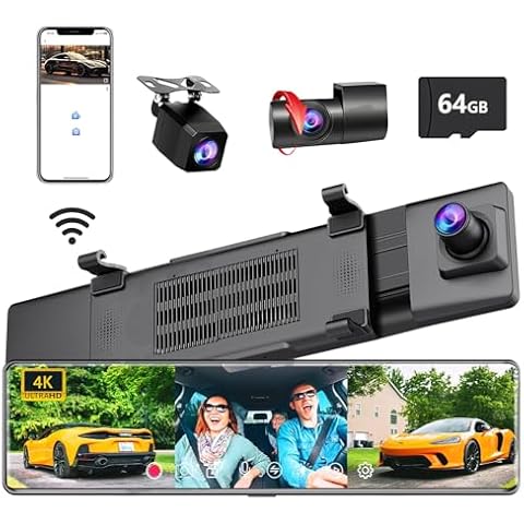 12" Dual Mirror Dash Cam, 1080P FHD Dual Dash Cam for Cars with Smart Touch Mirror, 360°Independent Camera, Parking Monitor, Support Split Screen, Night Vision, Reverse Assist, 64GB Card Cover
