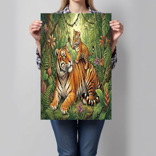 Tableau tigre et ses petits pour salon nature et chambre art déco vert olive