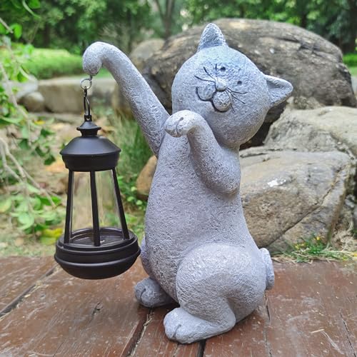 Qobumy QO-0453 Cat Solar Garden Statues,Resin Cat Figurine Decorations With Solar Lights Lantern, Outdoor Figurines Lawn Garden Cat Statue Decor Art thumb #2