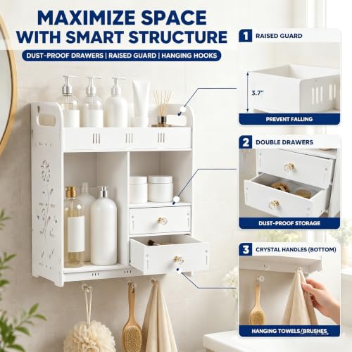 Armario de baño empotrado en pared con 2 cajones, organizador de medicamentos de PVC, impermeable, ahorrador de espacio, capacidad de 33 lb, con baranda elevada miniatura 4