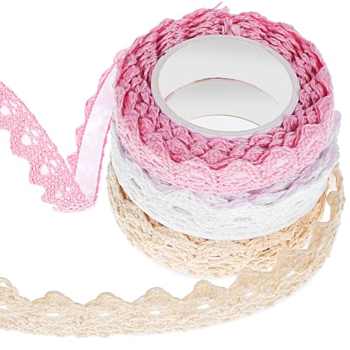 Didiseaon 3 Rolls Fabric Lace, Self-Adhesive Lace Trim Vintage Cream Crochet Floral Lace for Wedding Decoration DIY Art Crafts Wrap