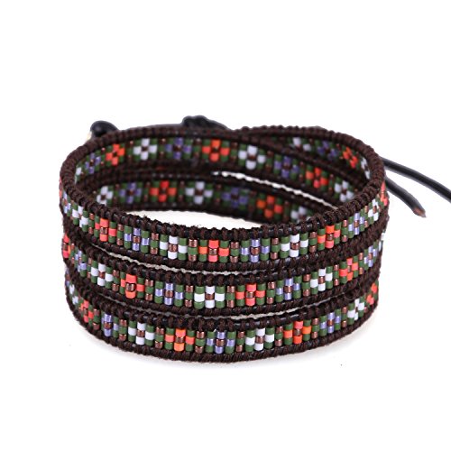 Image of KELITCH Heart-Shaped Seed Beaded Bracelet Leather 3 Wrap Bracelet