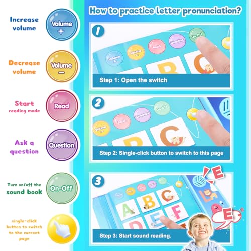 Image of PATPAT 8 Themes Intelligent Book for Kids, 20 Pages Musical Book for Kids Cartoon Illustration Learning Book with Numbers, Letters, Words & More, Educational Toys for 3 Year Old(Battery Not Included)