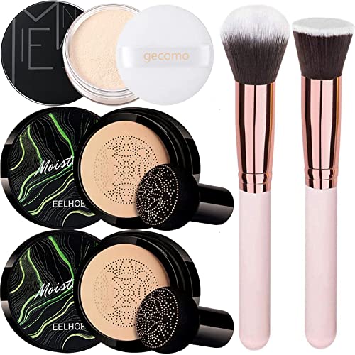 Miniling 2 Pack Air Cushion CC Cream Mushroom Head Moisturizing Long Lasting Matte Foundation with Makeup Setting Loose Powder & 2 PCS Foundation Brush Powder Brush (Natural Color)