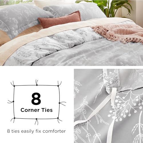 Image of Bedsure Duvet Cover Queen Size - Reversible Grey Queen Duvet Cover Set with Zipper Closure, 3 Pieces Botanical Floral Patterned Bedding Set with 8 Corner Ties and 2 Pillow Shams