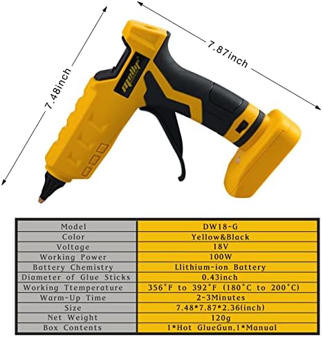 100W Hot Glue Gun Cordless for Dewalt 18V XR li-ion Battery Powered Full Size 11mm Sticks (Tool bare, no battery, no charger)