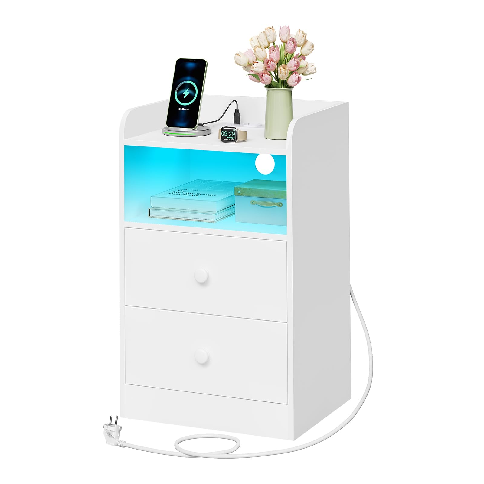 WOLTU Comodino con Stazione di Ricarica, Prese, Porte USB, Tavolino con Luci LED Regolabile, Cassettiera con Cassetti e Scomparto, 40x35x64cm, per Camera da Letto, in Legno, Bianco NTS07ws