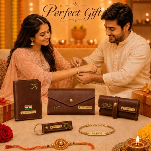 Image of SAVRI Personalized Raksha Bandhan Gift for Sister | Customized Women's 4 Piece Gift Combo with Name Engraving & Golden Chain Rakhi | Personalised Rakhi Gift Hamper for Behen Sis | Best Gifts for Women