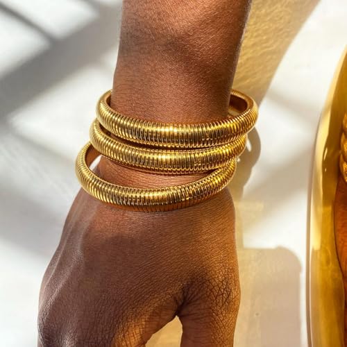 UILZ 3-Pack Gold Bangles Bracelet for Women, 925 Sterling Silver Plated Stainless Steel Chunky Stretch Bangles Stackable Wide Silver Bracelet Jewelry for Everyday & Special Occasions2