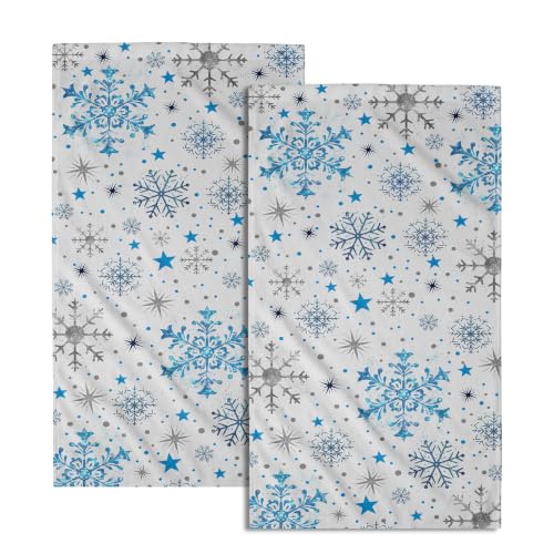 Giwawa Winter Snowflakes Towel Set of 2 Christmas Blue Grey Snow Hand Towel Nature Xmas Seasonal Face Towel Highly Absorbent Microfiber Soft Dish Wash Cloth for Bathroom Holiday Guest Decor
