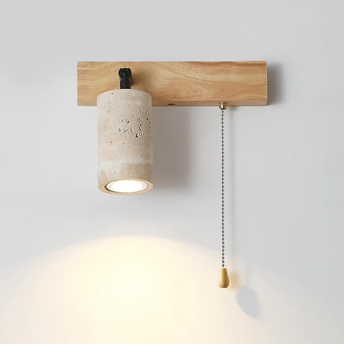 E27 Wooden Indoor Wall Light, 180° Adjustable, Living Room Wabi-Sabi Wall Light with Pull Switch, Vintage Wall Spotlight Retro Bedside Lamp in Yellow Travertine for Bedrooms Hallways and Staircases,A