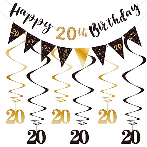 BRT Bearingshui 20th Birthday Decoration Kit for Men Women, Happy 20th Birthday Banner Bunting Swirls Streamers, Triangle Flag Banner for Birthday Party Decorations Supplies Black and Gold 20th