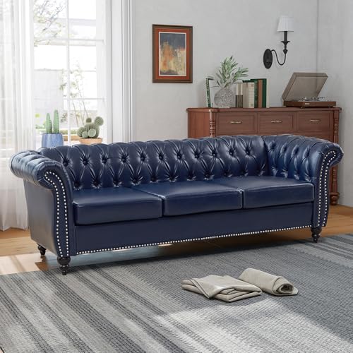 Image of QHITTY Accent Large Sofa, Chesterfield Couch 3 Seater Modern Leather Couch Upholstered Sofa with Tufted Back for Living Room Furniture (Blue)