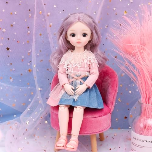 Image of Tickles Set Movable Jointed Cute Girl Brown Eyes Fashionable Doll Multicolor Flower Print for Kids Girls (Size: 30 cm Color: Pink & Blue)