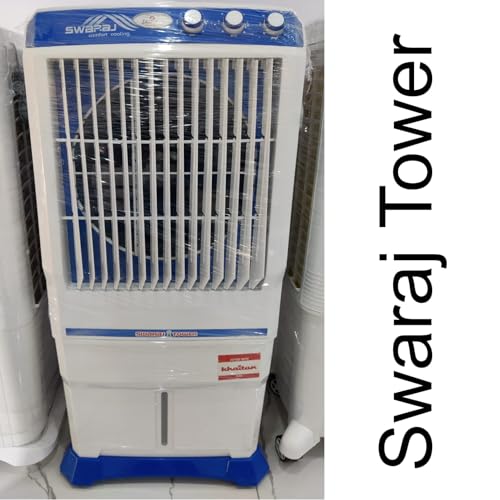 Image of Swaraj Tower Air Cooler, White and Blue, Comfort Cooling, Fitted with Powerfull Pump for office and home use