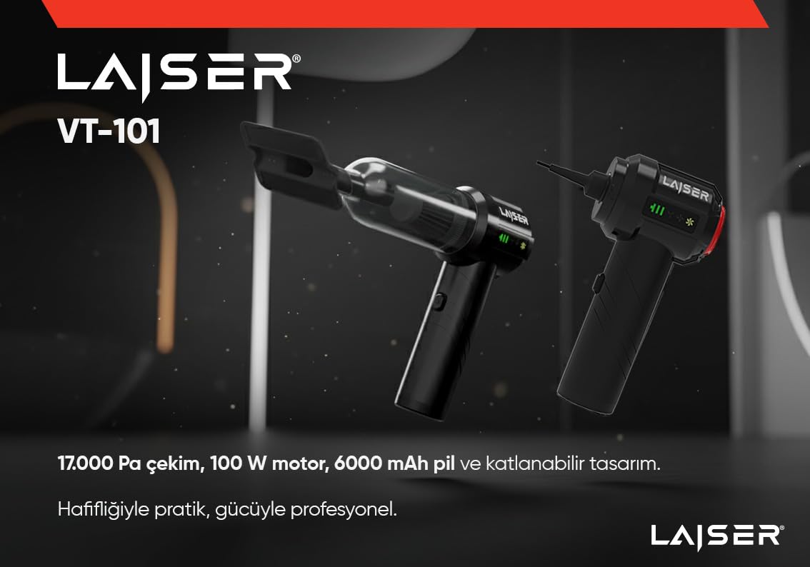 Laiser Mini, Katlanabilir LED Ekranlı 17.000 PA 3 in 1 Çekme-Vakum-Üfleme Özellikli Şarjlı Araç Süpürgesi