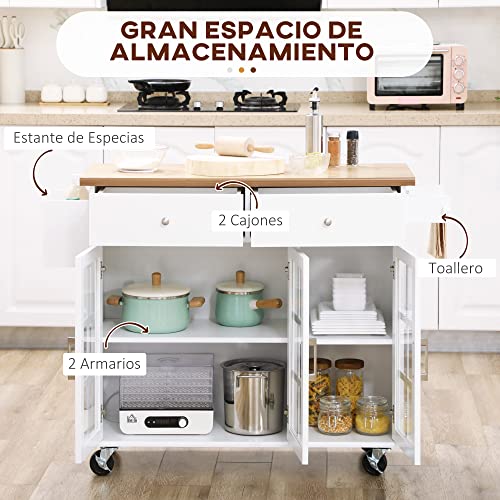 HOMCOM Carro de Cocina Isla de Cocina con Ruedas Multifuncional con 2 Cajones 3 Puertas de Vidrio Templado Toallero y Especiero 124,5x39,5x90 cm Blanco - imagen 3
