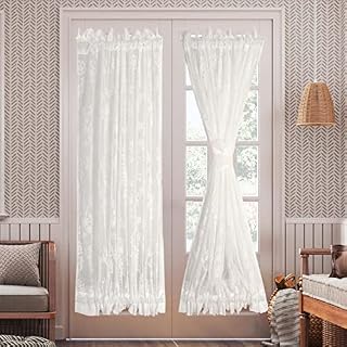 RLoncomix Französischer Türvorhang, Blumenmuster, Rosenmuster, halbtransparent, für Fenster, Voile, Spitze, Glastürbehandlung, 2 Paneele, 101,6 cm, Weiß