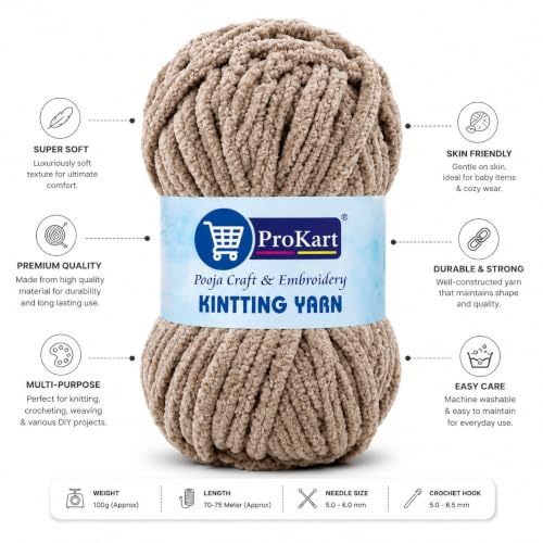 Image of ProKart Premium Blankie Wool, Plush & Cuddly, Chenille Yarn Supersoft Hand Knitting Wool Ball | Blanket Thick Adult, Sweaters, caps, Throws, Blankets (Light Mud-001, 100gms x 1 Pack)