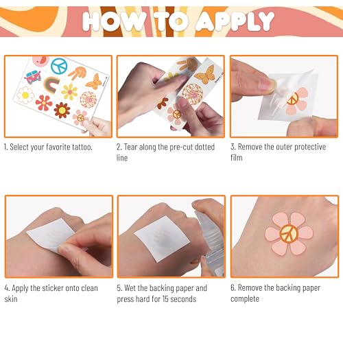 Image of 60 PCS Groovy 70s Retro Temporary Tattoos for Kids - Pre-Cut Retro 60s