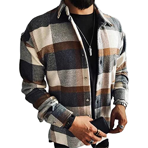 Maiyifu-GJ Men's Flannel Plaid Shirt Jackets Long Sleeve Checkered Button Down Shirts Regular Warm Outdoor Tops with Pocket (Color 3,5X-Large)