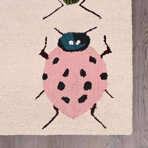 Image of Colorful Beetle-Inspired Hand-Tufted Wool Area Rug - Eco-Friendly, Soft & Durable Carpet with Insect Pattern for Living Room, Bedroom, or Home Decor (Ivory, 5' x 8')