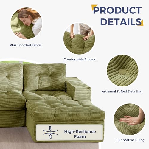Image of MAXYOYO Modular Sectional Sofa with Ottoman and Loveseat, Cloud Boneless Couch with Layered Cushion, Flexible Module Combination Sofa for Living Room, No Assembly Required,Green