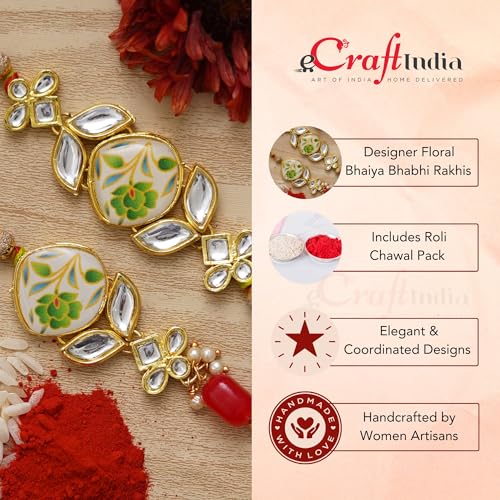 Image of eCraftIndia Designer Bhaiya Bhabhi Rakhis with Roli Chawal Pack and Raksha Bandhan Greeting Card - Rakhi for Brother, Bhaiya, Bhai