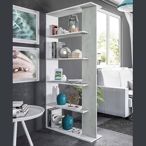 Dmora Libreria Columbia, Mobile portalibri bifacciale a 5 Ripiani, Scaffale divisorio da Ufficio o cameretta, 90x25h180 cm, Bianco e Cemento