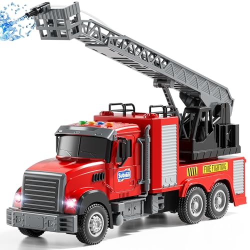 NIPLOOOW Kids Fire Truck Toy Friction Powered Fire Rescue Truck Vehicle Toy with Lights and Sirens Sounds, Water Pump, Ladder, Gifts for 3 4 5 6 7 8 Years Old Boys Girls