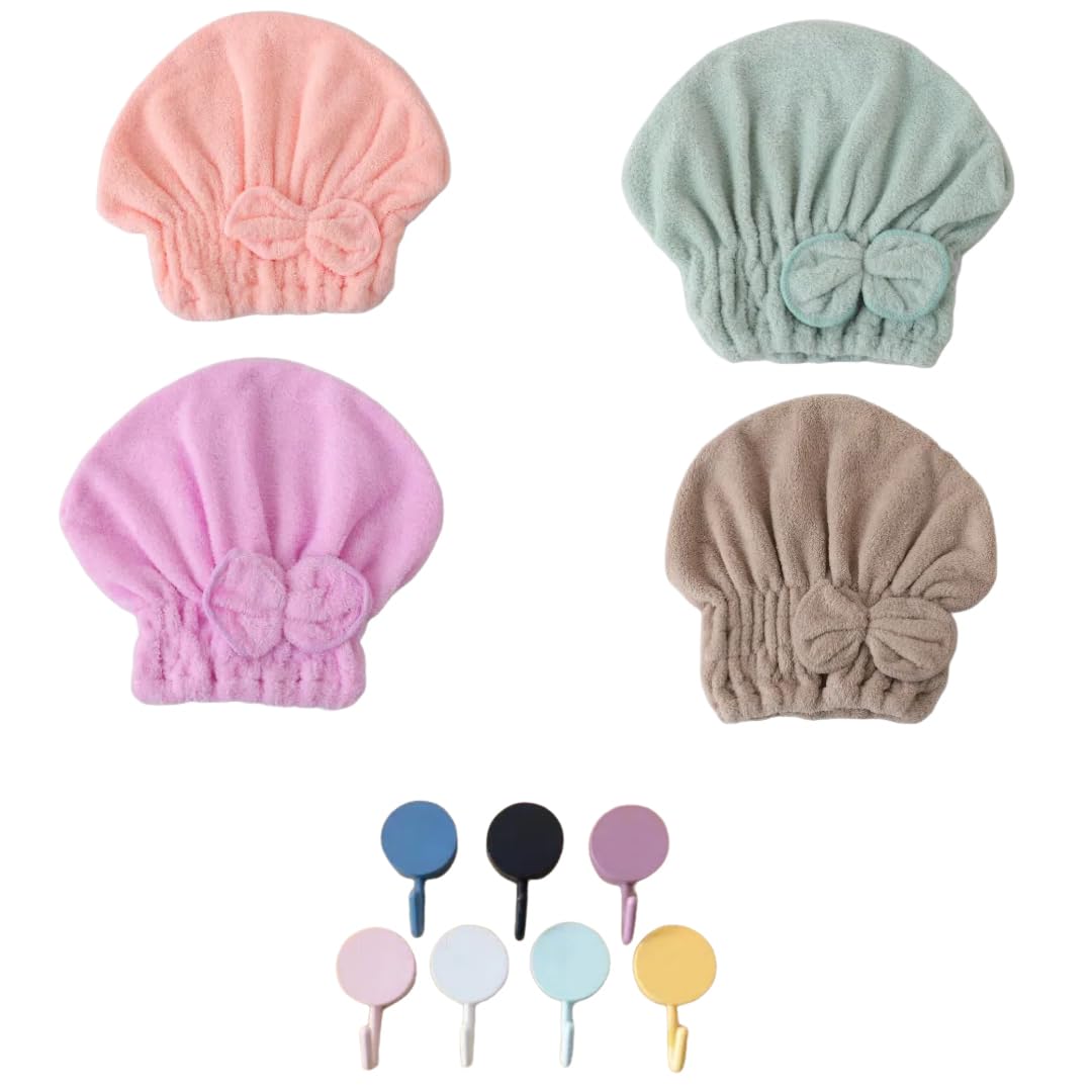 Asciugamano in Microfibra per Capelli 4 Pezzi, Asciugatura Rapida con Fiocco, Colori Assortiti, Fascia per Capelli Assorbente per Bagno, Cura Viso, Viaggi