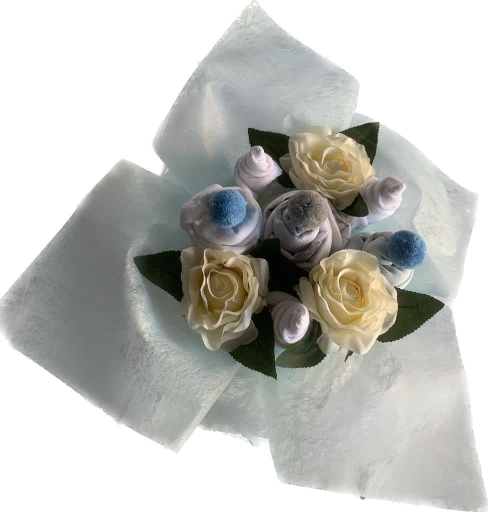 Tarta De Pañales 2 Pisos Niña con BODIES bebé con forma Ramo de Flores - Regalo Original para recién nacido padres primerizos (Azul)