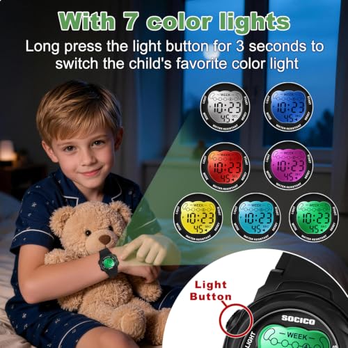 Image of SOCICO Kids Digital Watch 50M Waterproof & 7 Color Lights for Boys Girls