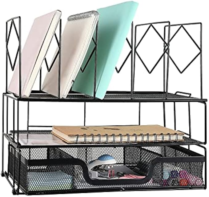 Gianotter Desk Organizers and Accessories, Office Supplies Desk Organizer with Sliding Drawer, Double Tray and 5 Upright Sections (Black)