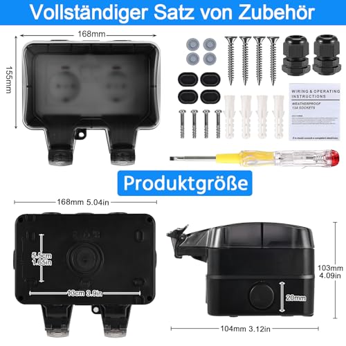 Aussensteckdose Wasserdicht IP66 Outdoor Steckdose mit Schalter Kontrollleuchte, 3680W Wetterfest Außensteckdose Aufputz Wand Garten Steckdose mit Klappdeckel inklusive Gärten Schwimmbad Aussenbereich