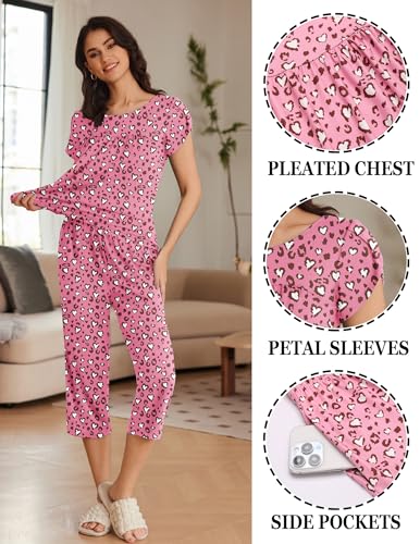 Image of Ekouaer Womens Pajama Set Short Sleeve Sleepwear Pleated Floral Pjs Set Capri Pants Lounge Sets with Pockets S-XXL