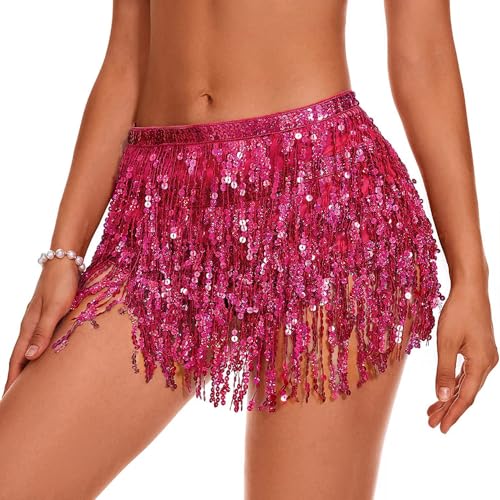 QKEPCY Falda con Borlas De Lentejuelas para Danza del Vientre, Bufanda De Cadera, Disfraz De Rave, Vestido con Flecos para Mujeres y Niñas