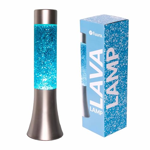Fisura - Lampada lavica blu glitter. Lampada di lava da 30 cm con base argentata, liquido blu e glitter. Lampada ad effetto rilassante. 9x9x30 cm