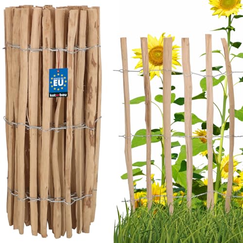 KOTARBAU® Valla de estacas de madera, 0,9 m x 5 m, Madera de avellano natural, Vallado enrollable, Valla de listones de madera unida con alambre, Valla para crear una barrera en jardín