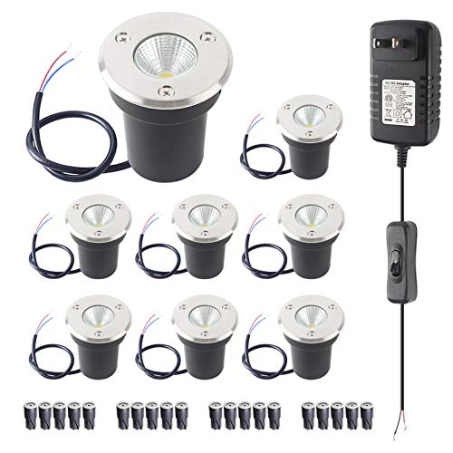 APONUO Low Voltage Landscape Lights, 3W Groun Lights Low Voltage LED In Ground Lights Well Lights 12V 24V Transformer, with Waterproof Wire Connector for Driveway, Deck, Step, Garden Lights (8 Packs)