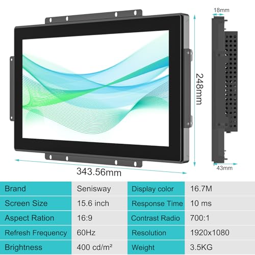 Image of 15.6 Inch Open Frame Touchscreen Monitor Surface is IP65 Waterproof 1920 x 1080 @ 60Hz TFT LCD IK08 Industrial Touch Screen Monitor 10 Finger Capacitive Touch