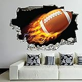american football ball on fire 3D Wall Stickers Mural Smashed Wall Art Removable Poster Vinyl decals For Bedroom Living Room Playroom Nursery Office Shop,32 inch