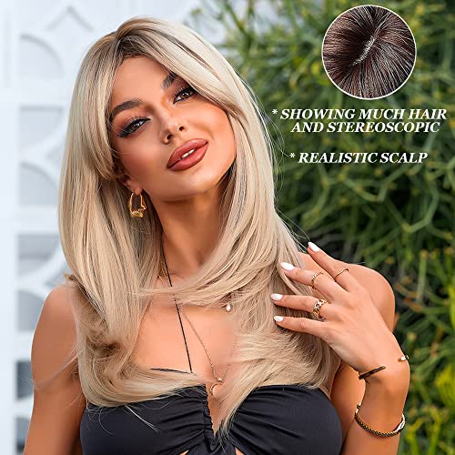 OUFEI Long Straight Blonde Wigs for Women Layered Synthetic Hair Ombre Wig with Dark Roots for Daily Party Cosplay Wear - Image 2